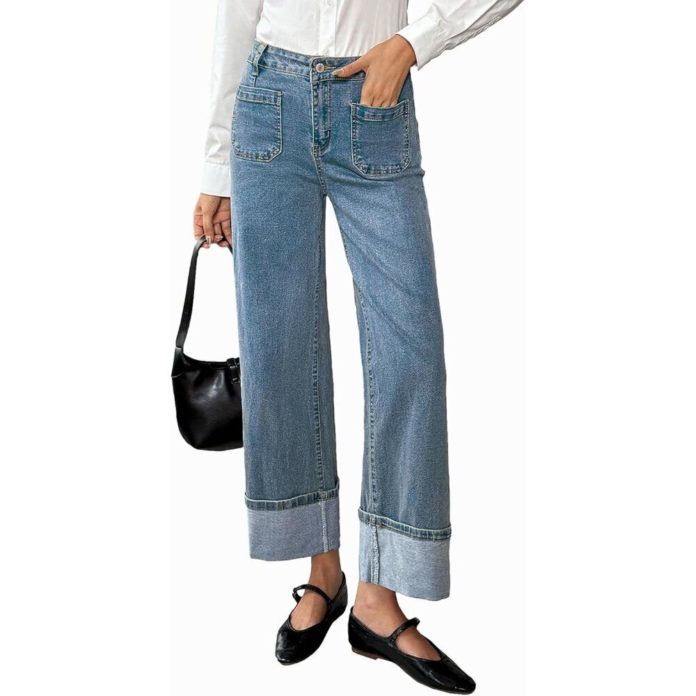 Womens High Waisted Stretch Cuffed Wide Leg Denim Jeans with Pockets